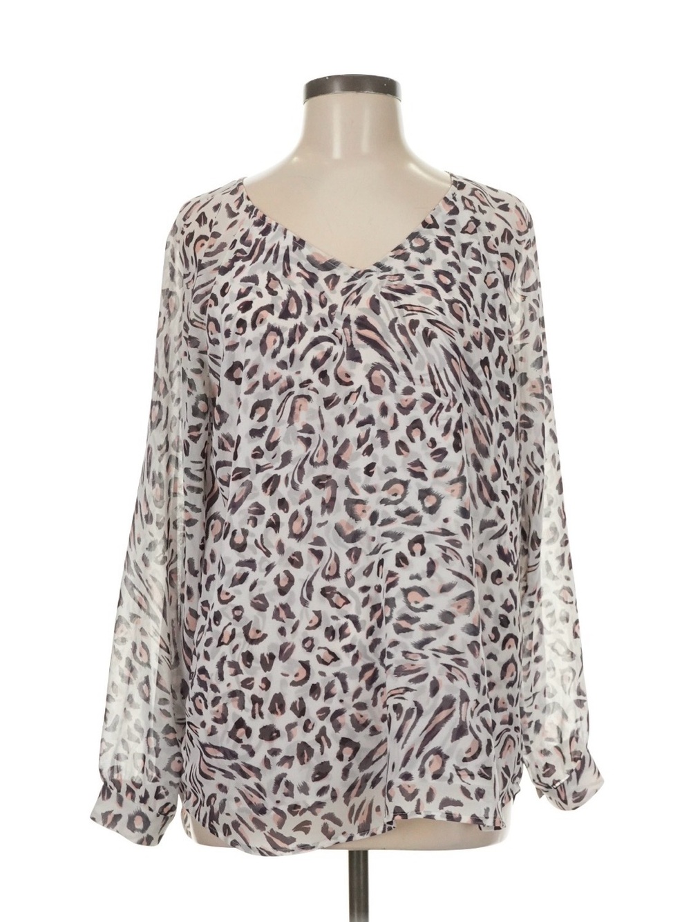 Women’s V-Neck Sheer Animal Print Blouse - White/Pink